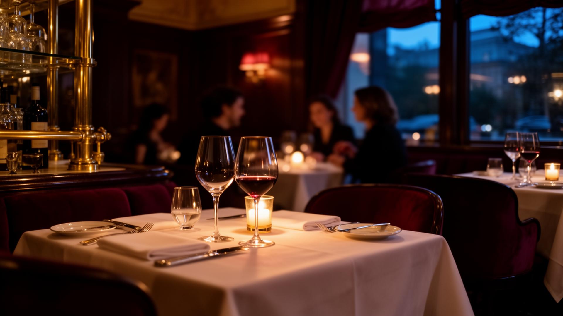A warm restaurant interior at dusk